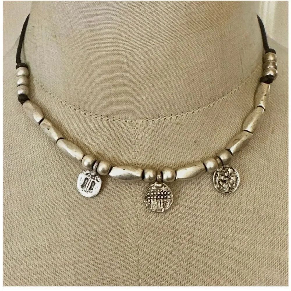 Silver Tone Beaded Leather Necklace with Textured Disc Charms